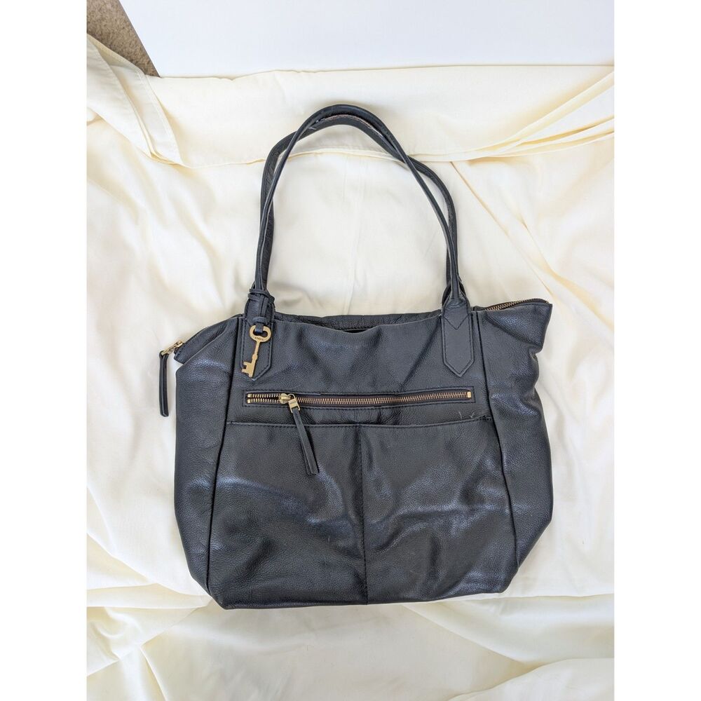Y2K Fossil Classic Black Leather Shoulder Tote Bag Western Minimalist